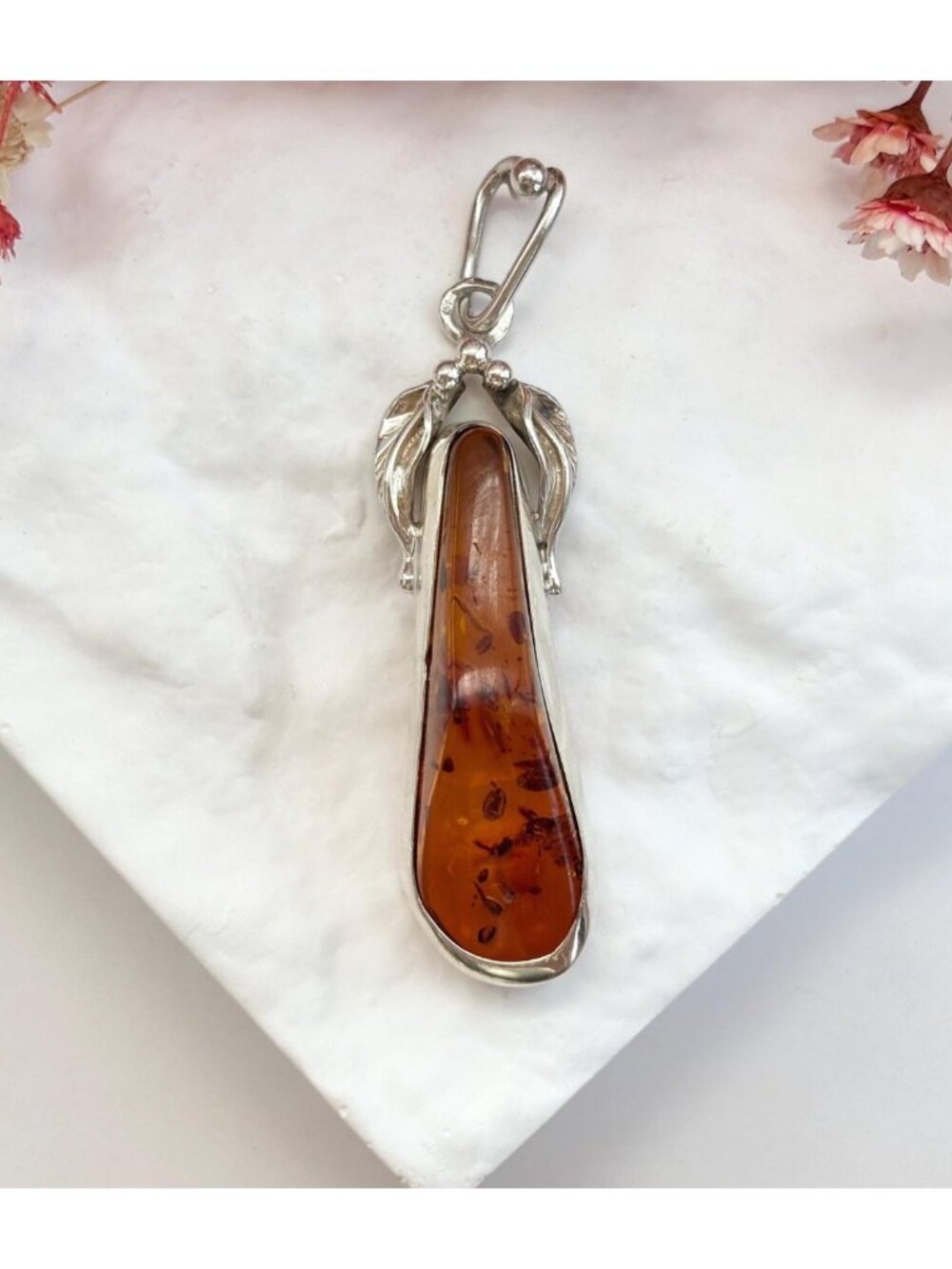 Cognac Baltic Amber Art Nouveau Sterling Silver Leaf Framed Vintage 925 Pendant